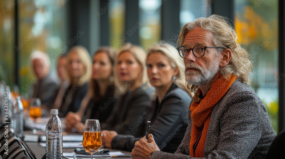 Participants engaged in a business meeting with an attentive older man and women in professional attire seated around a table Participants engaged in a business meeting with an attentive older man and women in professional attire seated around a table