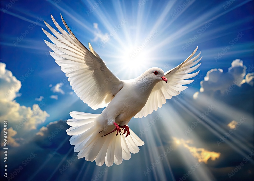 Fototapeta premium White Dove In Flight With Bright Sunlight Shining Behind Its Outstretched Wings