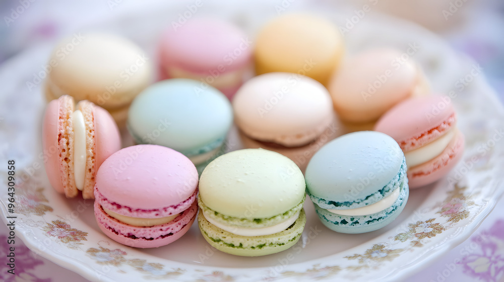 Artistic Close-Up of Delicate Macarons in Various Pastel Colors Arranged on a Porcelain Plate, Showcasing Elegant Dessert Presentation with Soft Hues and Refined Details Artistic Close-Up of Delicate Macarons in Various Pastel Colors Arranged on a Porcelain Plate, Showcasing Elegant Dessert Presentation with Soft Hues and Refined Details