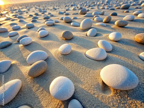 White, Smooth Pebbles Scattered Across A Sandy Beach, Forming Abstract Patterns And Textures In The Gentle Sunlight. photo