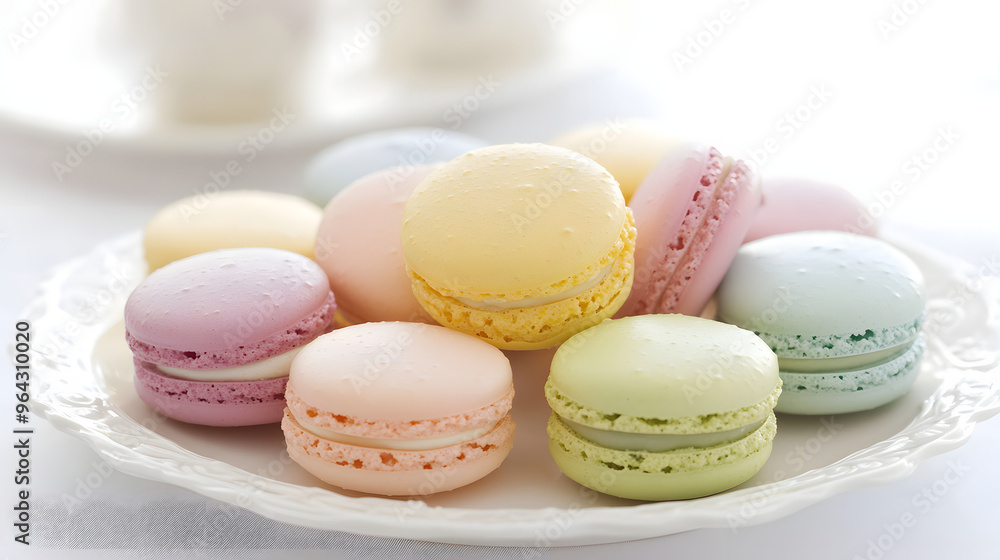 Artistic Close-Up of Delicate Macarons in Various Pastel Colors Arranged on a Porcelain Plate, Showcasing Elegant Dessert Presentation with Soft Hues and Refined Details Artistic Close-Up of Delicate Macarons in Various Pastel Colors Arranged on a Porcelain Plate, Showcasing Elegant Dessert Presentation with Soft Hues and Refined Details