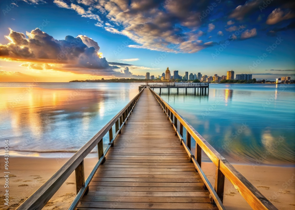 Wooden Pier Stretching Out Over Calm Waters, Surrounded By Sandy Beach And Distant Skyline Wooden Pier Stretching Out Over Calm Waters, Surrounded By Sandy Beach And Distant Skyline