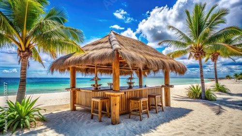 Wooden Tiki Hut Bar Under A Vibrant Blue Sky, Offering Shade And A Tropical Ambiance On A Pristine White-Sand Beach.