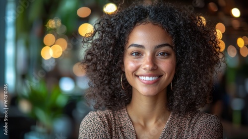 A young woman with curly hair smiles warmly in a lively café filled with soft, ambient lighting and greenery, capturing a joyful moment