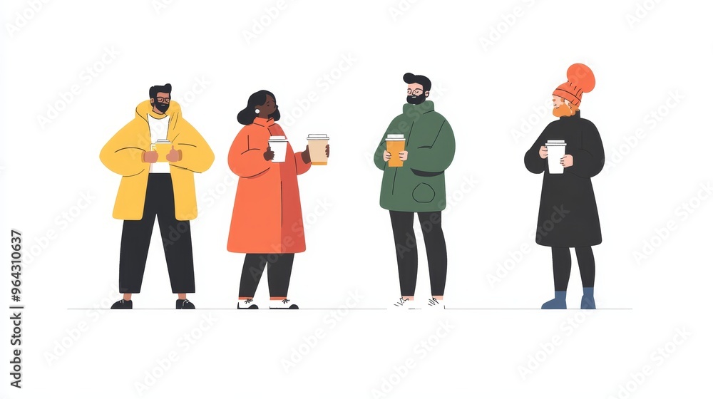 Naklejka premium Modern, minimalist characters hold warm beverages in cups and takeaway glasses, representing coffee and tea enthusiasts.