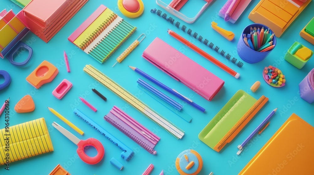 Multicolored school supplies arranged on a flat surface, evoking a back-to-school theme, rendered in 3D. Multicolored school supplies arranged on a flat surface, evoking a back-to-school theme, rendered in 3D.