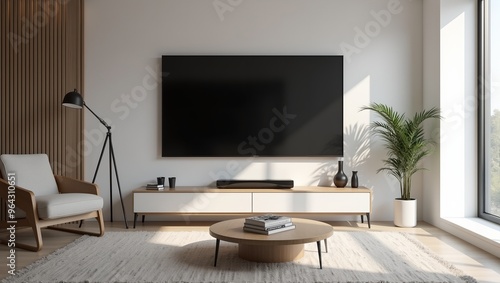 Hightech living room with smart devices and sleek design featuring a large screen TV Modern minimalist style captured in high resolution