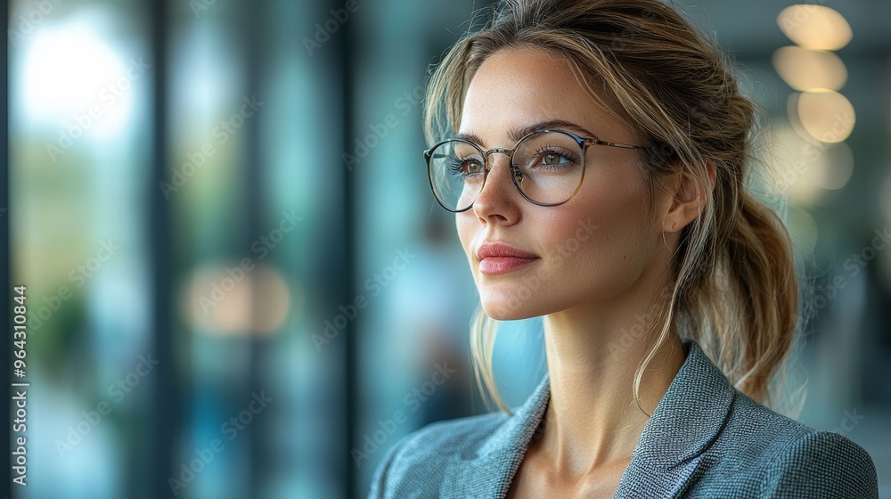 Thoughtful professional woman in glasses gazing out a modern office window during daylight hours Thoughtful professional woman in glasses gazing out a modern office window during daylight hours