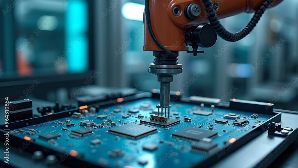 Robotic arm assembling circuit board in tech lab Highresolution professional image Ideal for technology concepts Robotic arm assembling circuit board in tech lab Highresolution professional image Ideal for technology concepts