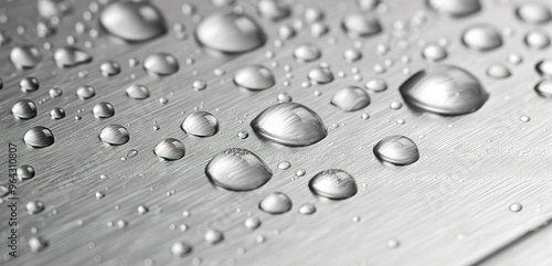 Close up image of water droplets on a silver metal surface. Water beads up on the smooth surface, reflecting light.