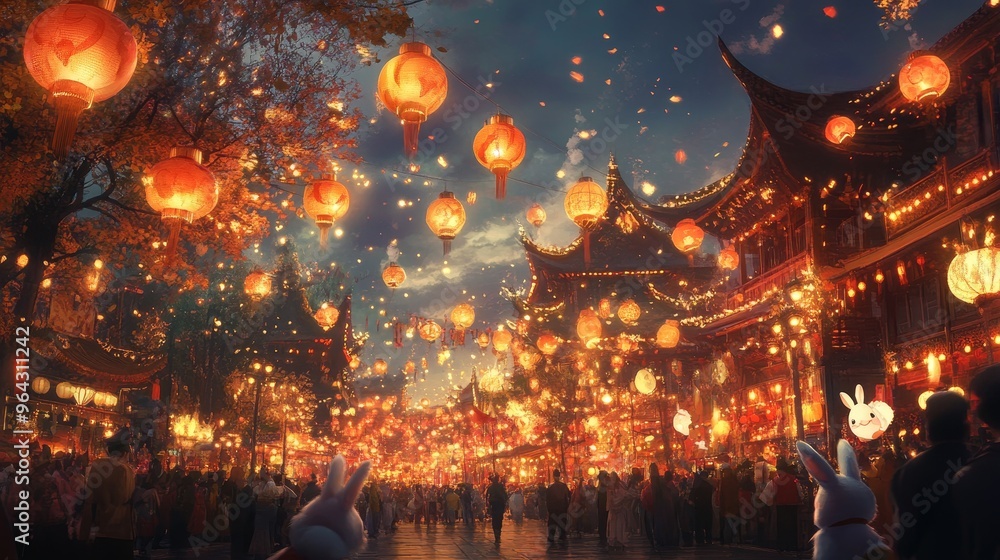 Rabbits celebrate the Mid-Autumn Festival with a vibrant parade showcasing festive traditions and decorations. Rabbits celebrate the Mid-Autumn Festival with a vibrant parade showcasing festive traditions and decorations.