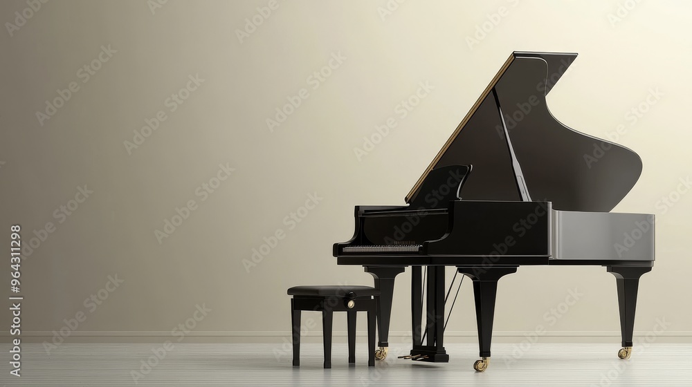 Realistic black grand piano, stool. Classical keyboard musical instrument. Color horizontal banner with place for text. Concert announcement. Advertisement of piano lessons. Realistic black grand piano, stool. Classical keyboard musical instrument. Color horizontal banner with place for text. Concert announcement. Advertisement of piano lessons.
