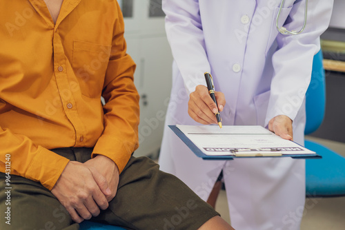 A female doctor performs a check for an enlarged prostate, evaluating male health issues such as prostate enlargement, urinary symptoms, and other related conditions to ensure accurate diagnosis photo