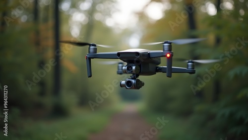 A professional drone with attached camera capturing aerial footage of a lush forest from above Highresolution image for commercial use