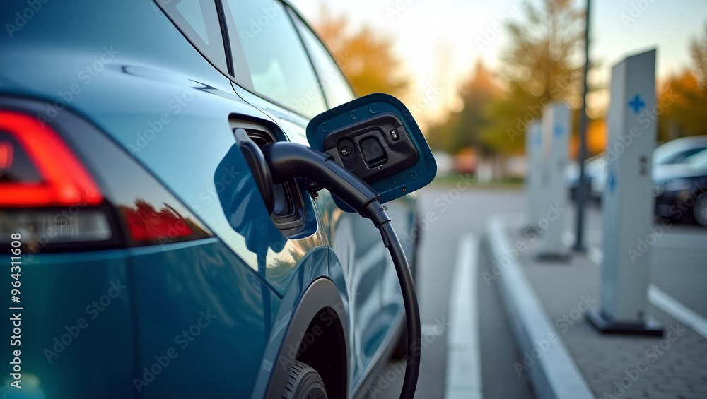 Highresolution image of an electric car parked at a charging station in a busy lot showcasing sustainable technology in action Highresolution image of an electric car parked at a charging station in a busy lot showcasing sustainable technology in action