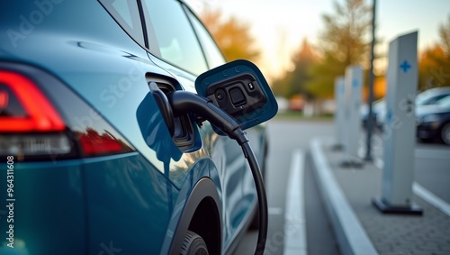 Highresolution image of an electric car parked at a charging station in a busy lot showcasing sustainable technology in action