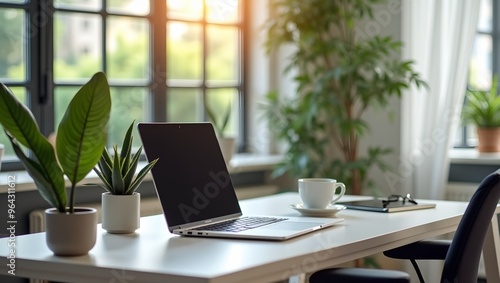 Wallpaper Mural Modern workfromhome setup with laptop coffee cup and vibrant houseplants on sleek desk Professional highresolution image for remote work concepts Torontodigital.ca
