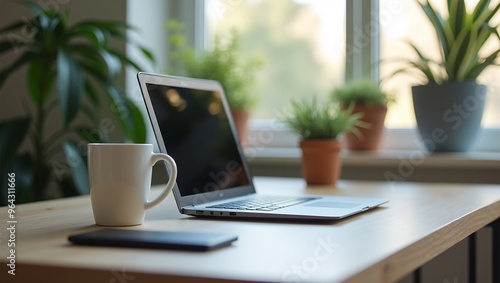 Wallpaper Mural Modern workfromhome setup with laptop coffee cup and vibrant houseplants on sleek desk Professional highresolution image for remote work concepts Torontodigital.ca