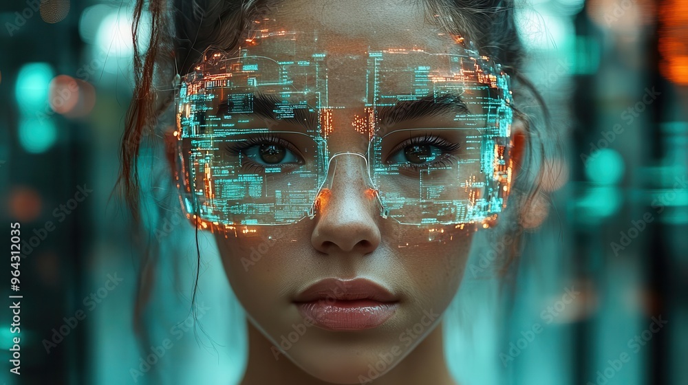 A young woman wears futuristic glasses with digital overlays, showcasing advanced technology and innovation in a modern environment. A young woman wears futuristic glasses with digital overlays, showcasing advanced technology and innovation in a modern environment.