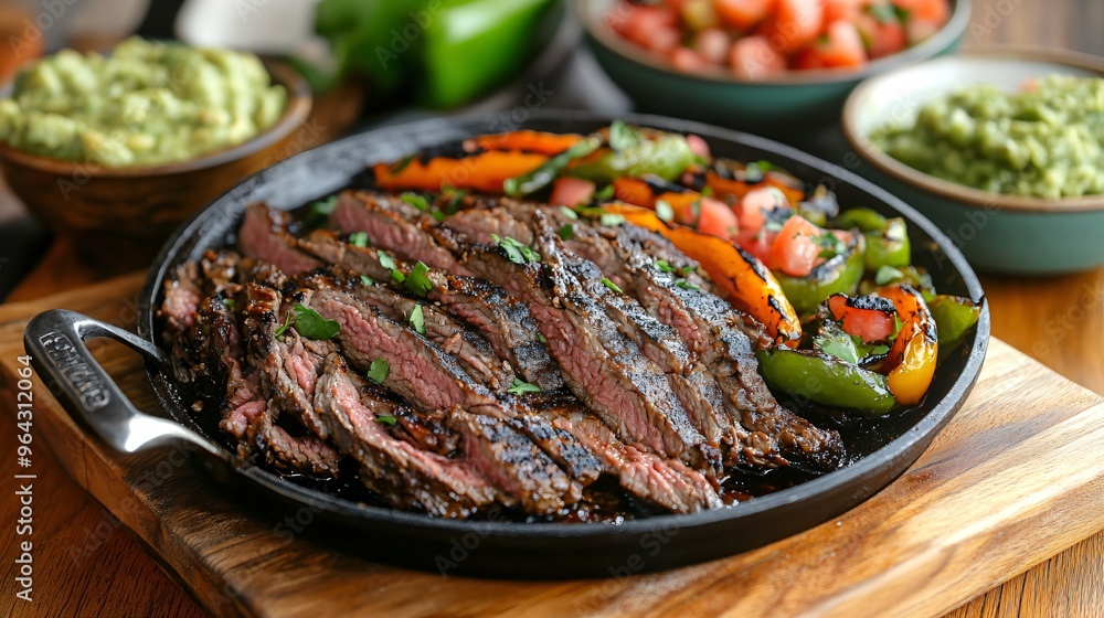 A sizzling pan of carne asada with grilled vegetables, placed on a wooden cutting board with bowls of guacamole, pico de gallo, and salsa verde in the background A sizzling pan of carne asada with grilled vegetables, placed on a wooden cutting board with bowls of guacamole, pico de gallo, and salsa verde in the background