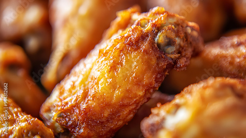 Close-Up of Crispy Golden Fried Chicken Wing with Perfect Coating, Highlighting Texture and Flavor of Deliciously Fried Chicken