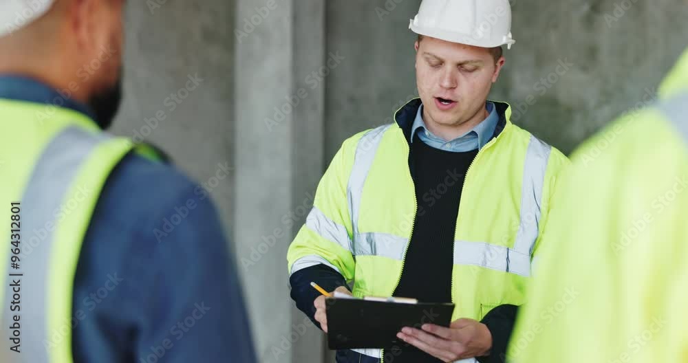 Leader, tablet and planning with man on construction site for project management, property development and building inspection. Architecture, technology and digital blueprint with team update Leader, tablet and planning with man on construction site for project management, property development and building inspection. Architecture, technology and digital blueprint with team update