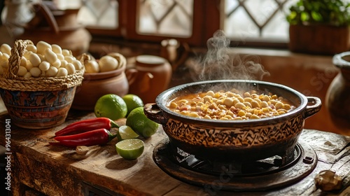 A warm, rustic kitchen scene with a pot of pozole simmering on the stove, surrounded by fresh ingredients like hominy, limes, and chili peppers, with pottery and woven accessories