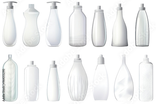 An array of transparent and white containers designed for liquid storage is displayed, highlighting their unique shapes and sizes against a clean background.