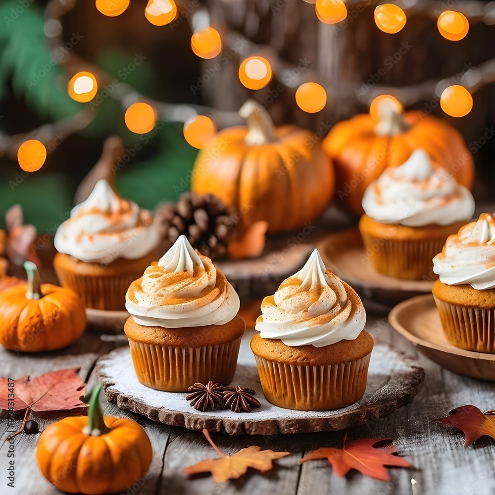 Delicious pumpkin cupcakes , nestled among vibrant autumn leaves and decorative pumpkins, celebrating the season. Delicious pumpkin cupcakes , nestled among vibrant autumn leaves and decorative pumpkins, celebrating the season.
