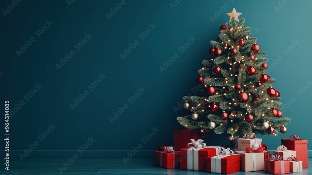 Beautifully decorated Christmas tree with red ornaments and wrapped gifts, creating a festive holiday atmosphere Beautifully decorated Christmas tree with red ornaments and wrapped gifts, creating a festive holiday atmosphere