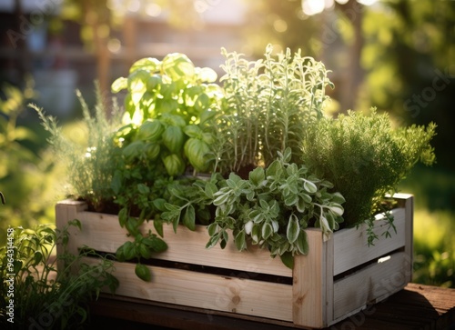 Fresh herbs in wooden crate photo