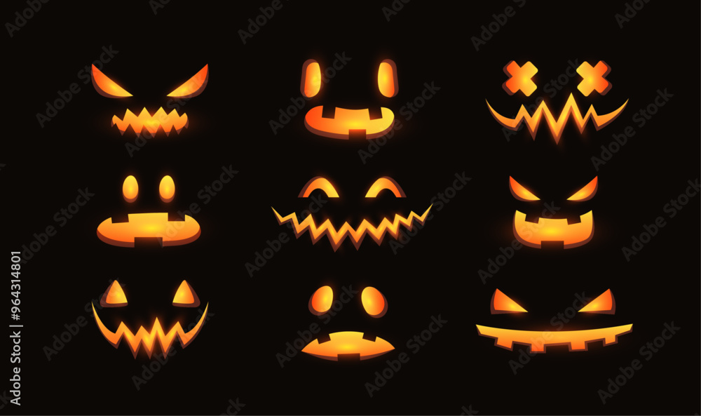 Spooky monster faces set. Jack O Lantern glowing face collection isolated on black background. Halloween Pumpkin Faces. Spooky monster faces set. Jack O Lantern glowing face collection isolated on black background. Halloween Pumpkin Faces.