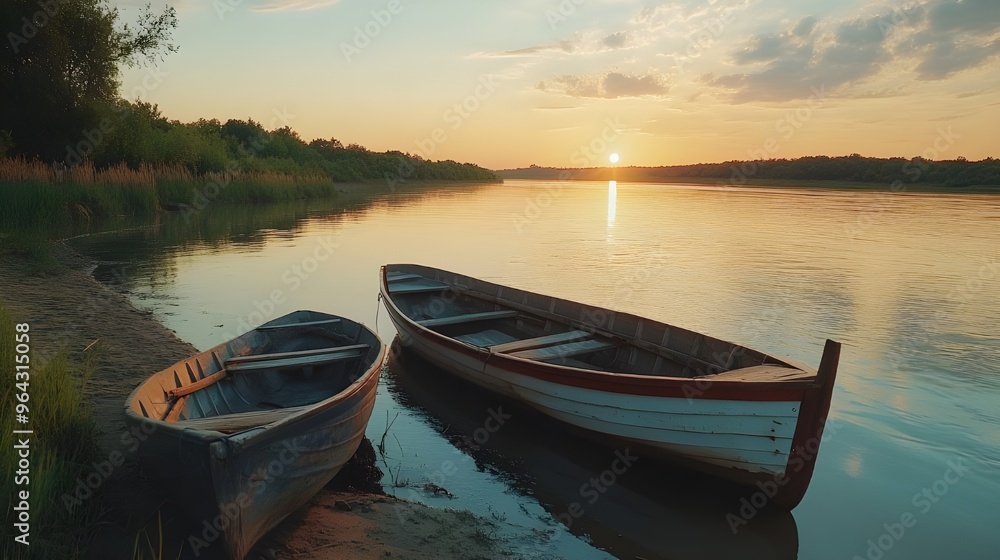 River sunset view with boat anchored at shore image River sunset view with boat anchored at shore image