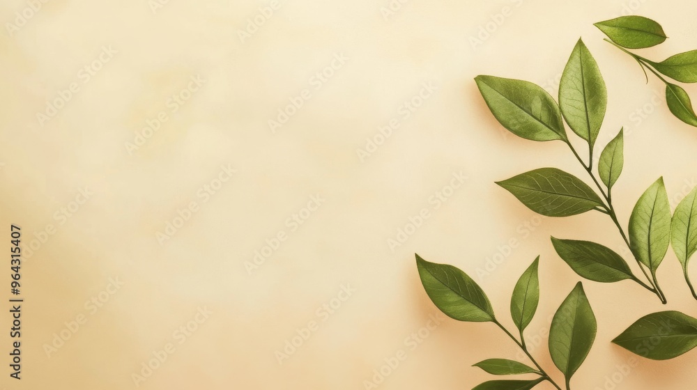 A soft beige background with a green leaves A soft beige background with a green leaves