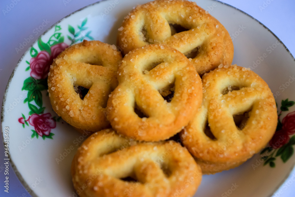Danish butter cookies, Close up of butter cookies coated with white sugar, sweet cookies Danish butter cookies, Close up of butter cookies coated with white sugar, sweet cookies