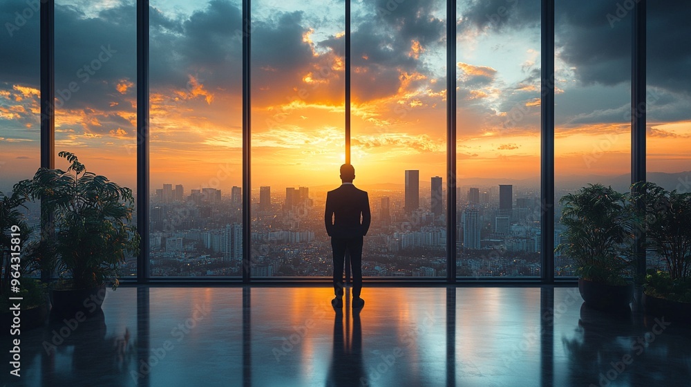 Urban Sunset View with Silhouette of Person Looking Over Cityscape Through Window Urban Sunset View with Silhouette of Person Looking Over Cityscape Through Window
