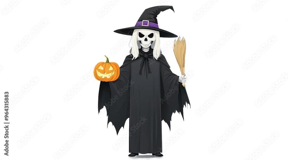 A cartoon skeleton witch with long white hair is dressed in a black robe, holding a carved pumpkin and a broomstick A cartoon skeleton witch with long white hair is dressed in a black robe, holding a carved pumpkin and a broomstick