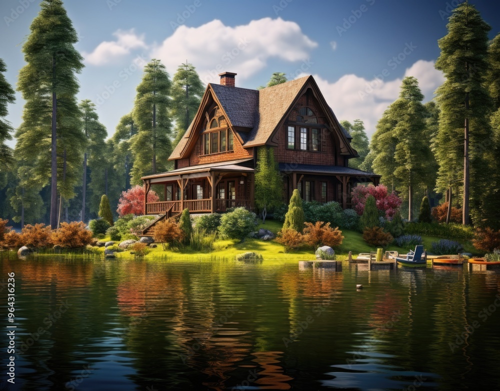 Fototapeta premium Large cottage on lake surrounded by trees and forest
