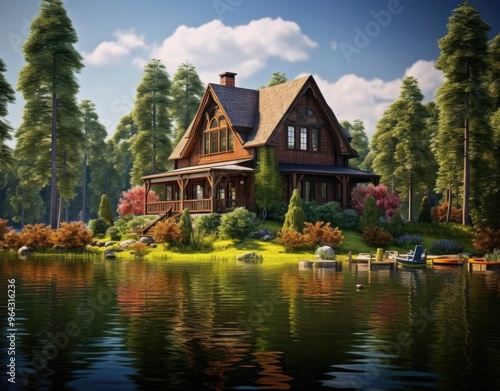 Large cottage on lake surrounded by trees and forest