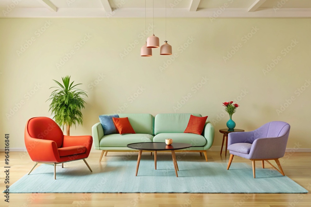 Boucle lounge chairs and sofa in classic room. Minimalist interior design of modern living room Boucle lounge chairs and sofa in classic room. Minimalist interior design of modern living room