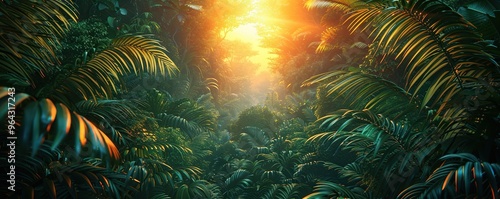 Lush Tropical Rainforest with Sunlight Filtering Through Canopy photo