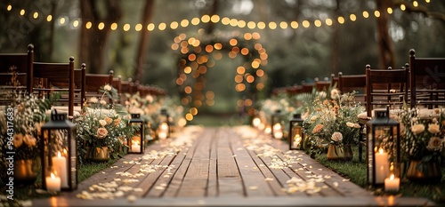 Romantic wedding ceremony setup with wooden chairs, floral arrangements, candles and string lights. Perfect for a rustic outdoor wedding.