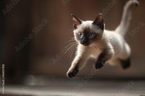 Adorable Tonkinese cat jumping in the air