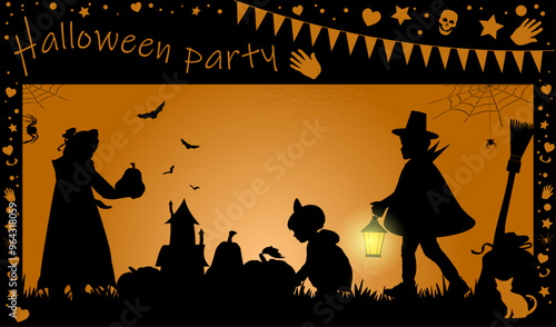 Happy Halloween party. Children silhouettes with halloween objects onorange background with black frame. Vector illustration.	
 photo