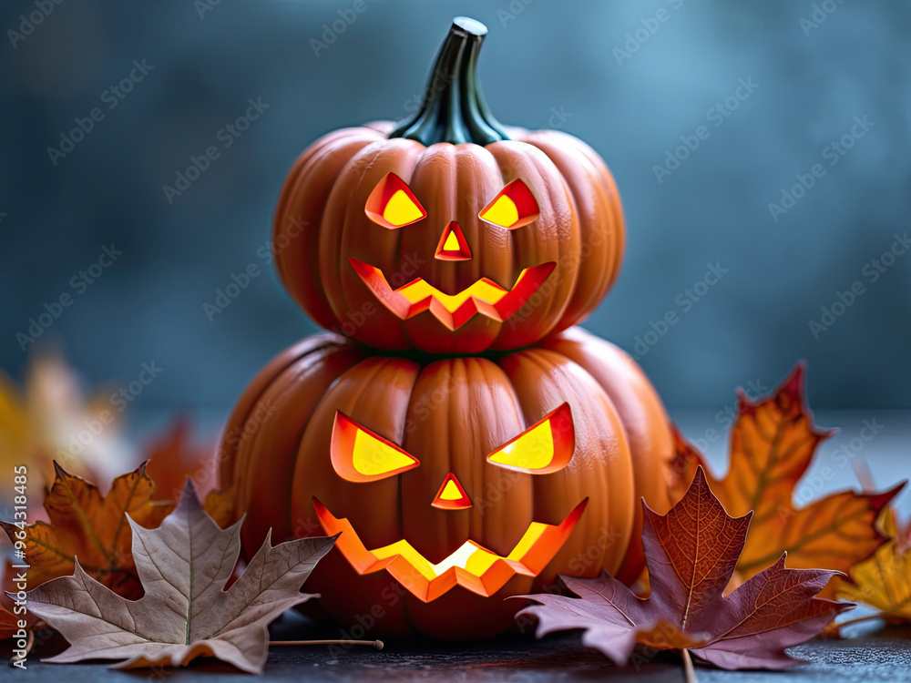 Fototapeta premium Jack-o'-Lantern Stack with Autumn Leaves