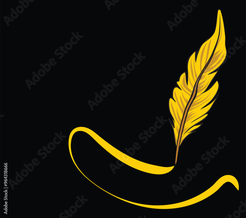 Yellow quill pen writing on blank black page with copy space