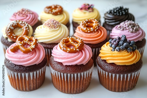 a group of cupcakes with frosting and pretzels. 