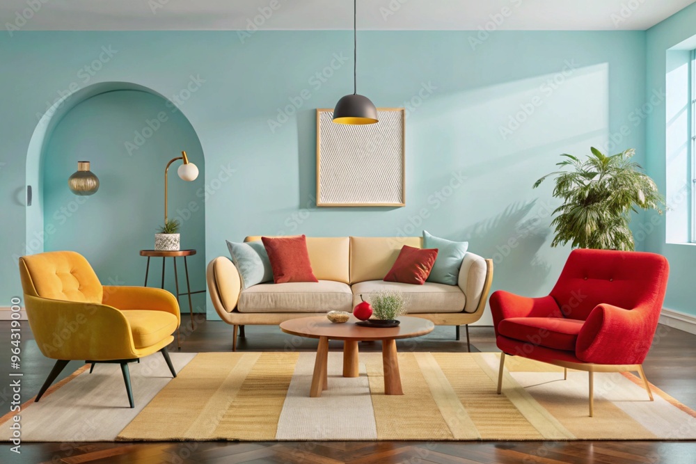Boucle lounge chairs and sofa in classic room. Minimalist interior design of modern living room Boucle lounge chairs and sofa in classic room. Minimalist interior design of modern living room