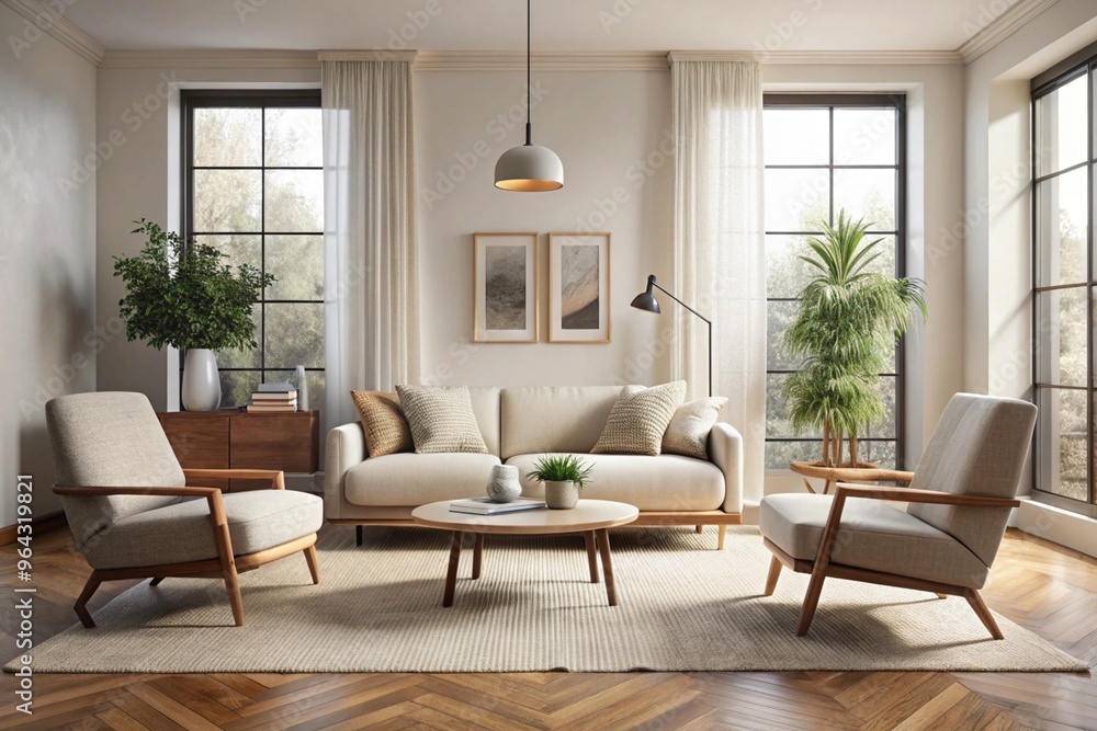 Boucle lounge chairs and sofa in classic room. Minimalist interior design of modern living room Boucle lounge chairs and sofa in classic room. Minimalist interior design of modern living room