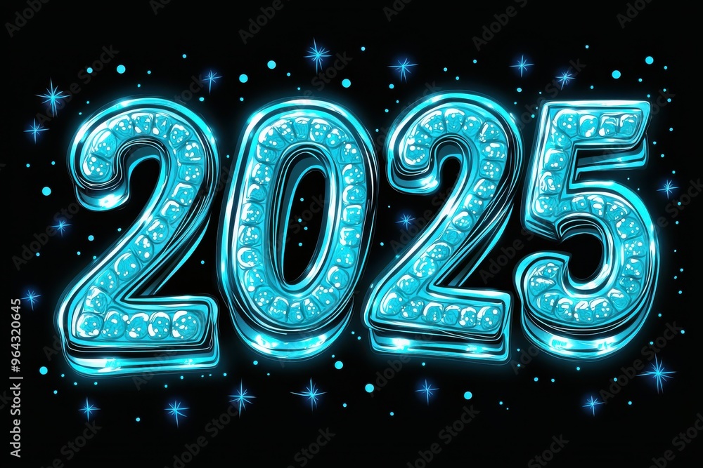 Shimmering neon blue 2025 new year sign with twinkling stars Shimmering neon blue 2025 new year sign with twinkling stars